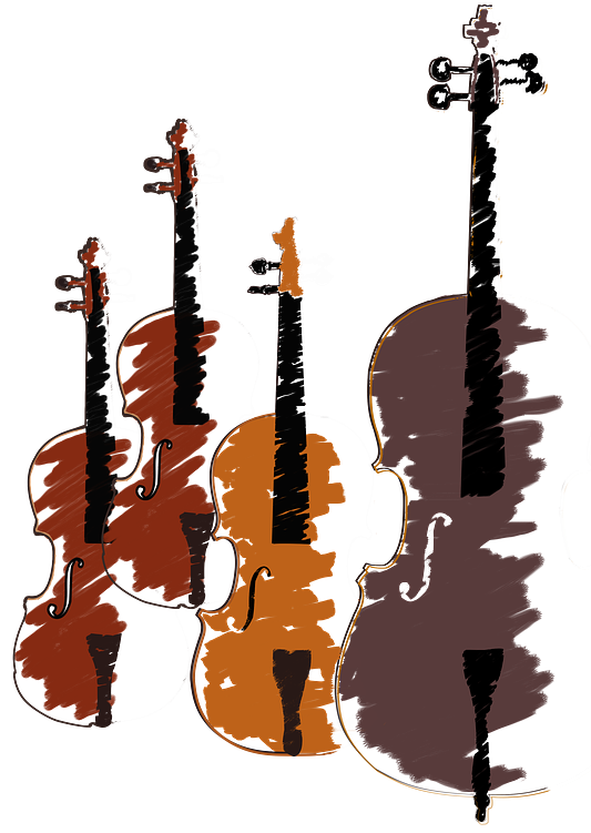 The instruments that comprise a string quartet, artistically portrayed.